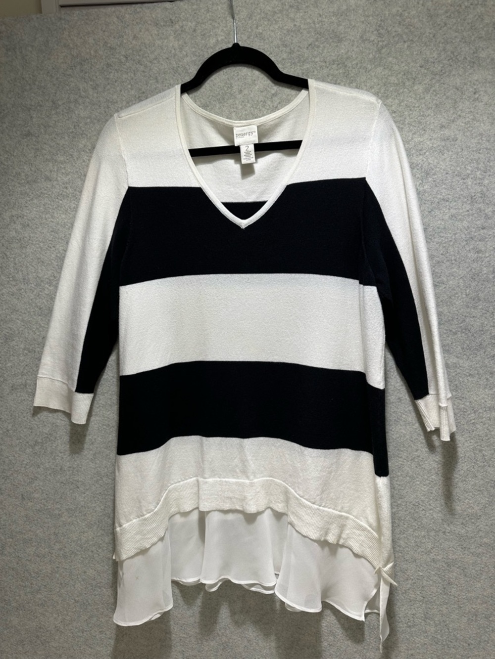 Chico’s Striped  V-Neck Sweater with Chiffon Hem - Black & White